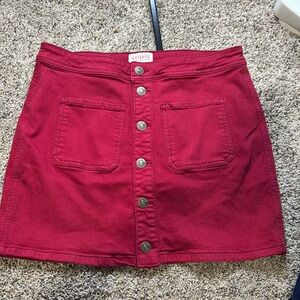 Red denim button up mini skirt